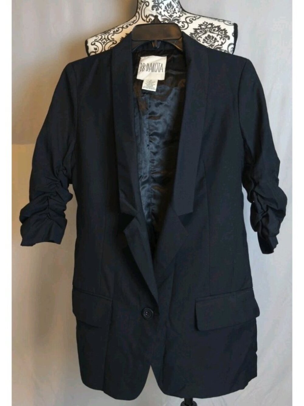 BB Dakota Black Ruched Sleeve Blazer Jacket Size 10 Lined Open Front